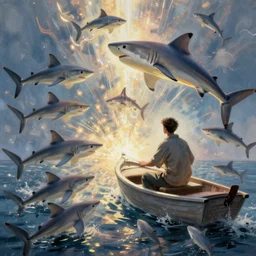 man needs a bigger boat being attacked by many little sharks