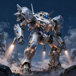 an armored core v, booster flares, legs, laser rifles, karst landscape, dark blue sky, cloud ; scifi, glowing lights intricate elegant, highly detailed, digital painting, artstation, concept art, smooth, sharp focus, thin glowing wires, illustration, art by artgerm and greg rutkowski and alphonse mucha, singularity
