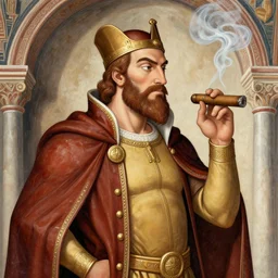 fresco depicting Duke Nukem smoking a cigar found in a byzantine church dating back to the 12th century, intricate, highly detailed