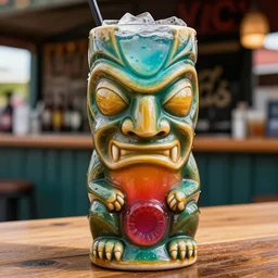 a closeup photorealistic photograph of a glossy tiki mug in the style of the flash sitting at an outdoor trader vic's bar featuring a realistic face. tiki theme. icy colorful drink. bright scene. fine detail. this 4 k hd image is trending on artstation, featured on behance, well - rendered, extra crisp, features intricate detail, epic composition and the style of unreal engine.