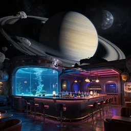 space punk nightclub on an asteroid orbiting saturn with an indoor aquarium and bar