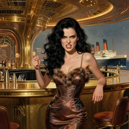 beautiful woman with long wavy curly black hair and green eyes, wearing a cocktail dress, furiously angry. she is in the bar of the atlantis paradise, a retro futuristic spaceship made of brass bronze gold, art deco influence, hotel style design. bioshock, starship titanic. clean, well composed painting by artgerm and greg rutkowski.