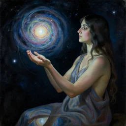 a shaman! woman holding up the cosmic universe, by remedios varo, reflection, symbolist, cold colors, dramatic lighting, smooth, sharp focus, extremely detailed, aesthetically pleasing composition