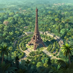 the great city of paris built in a dense tropical jungle, digital painting, trending on artstation, concept art, matte painting, highly detailed, final fantasy, jrpg, art by greg rutkowksi, craig mullins, octane render, 8 k
