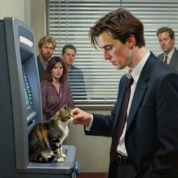 oil painting, christian bale as patrick bateman from american psycho feeding a cat to an atm. 8 0 s corporate aesthetic. background is closed blinds, soft lighting, cinematic moody colors, realistic shaded lighting poster by ilya kuvshinov, magali villeneuve, artgerm, jeremy lipkin and michael garmash and rob rey, drew struzan