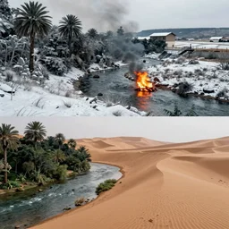 two completely different landscapes during wintertime, professional photography, fire, river, snow, jungle, desert