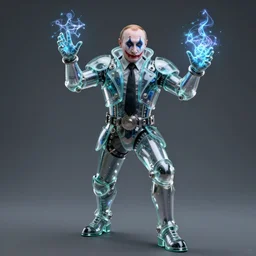 a portrait of a putin with clown make up magician in glass armor releasing spell, full height, moving forward, cyberpunk concept art, trending on artstation, highly detailed, intricate, sharp focus, digital art, 8 k
