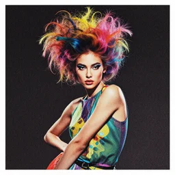 portrait of a post modern fashion model with an exuberant surreal hair style, colorful, dynamic pose, beautiful realistic face, octane render, vray, detailed, wide angle, halftoned, editorial illustration, matte print, grainy light, ( ( dither ) ), risograph, high contrast, screen print, rich grainy texture