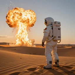 astronaut watching a dune buddy explode in the desert at sunset during golden hour