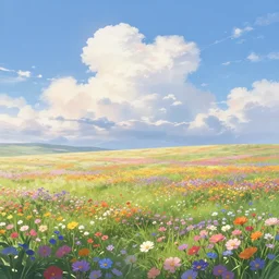 landscape, spring, morning, full of colorful flower, beautiful cloud, quiet, no people, anime background,, illustration, sharp focus, intricate, smooth, super wide angle, trending on artstation, trending on deviantart