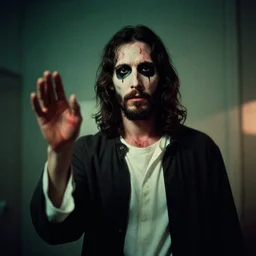 A photo of Jesus as slasher villain, f/22, 35mm, 2700K, kodachrome, award winning photography