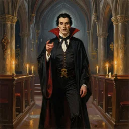 realistic painting of Dracula standing inside of a church in candlelight