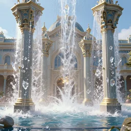 beautiful flooding victorian world's fair, water flowing from side of pillars, crystals, light dust, by peter mohrbacher dan mumford craig mullins nekro, cgsociety, pixiv, volumetric light, 3 d render