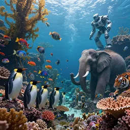 magical unimaginable beautiful underwater life in detail, algae, corals, packs of many colorful fishpenguin, elefant, tiger, cyborg, cats, underwater fabulous inhabitants, cinematic light, hyperrealistic