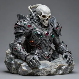 an ash grey sepulchre onyx lavarock burning embers exoskeleton in the form of a human - chthulu skull with war armor, elegant, opulent, luxurious, chain maile, glowing black ash, ruby - emerald - obsidian - encrusted iridescent, diffuse subsurface scattering, specular highlights