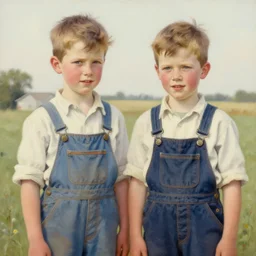 high quality high detail painting by norman rockwell, hd, two young boys wearing overalls, farm, muted pastel colors, photorealistic lighting