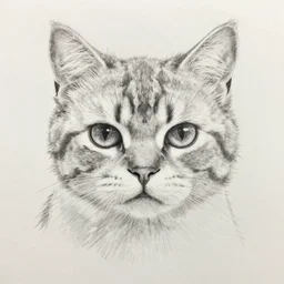 a pencil drawing of cute cat, pitiful expression, piercing eyes, 8 k, close - up, full body