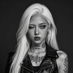 Hot young woman, winking, grey skinned, void eyeballs, white hair, tattoos, wearing leather, concept art, 4k,