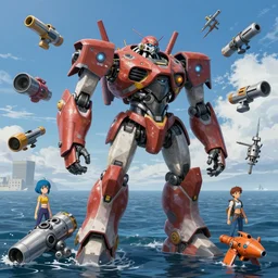 a giant robot on ocean, random weapons, random color, pacific rim style, highly detailed, artstation, art by vladimir motsar and emika lightweaver and nicholas cort and paul pepera