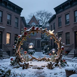 snowy, between two 1 9 th century brooklyn brownstone buildings, a surreal small twilight driftwood - sculpture garden, thorny rose - brambles, lambent bubble - birds, tiny mystery, tiny magic, serene overcast atmosphere, midnight - blue, cel - shading, cinematic, edge - to - edge print, rendered by studio ghibli, alyssa monks, andreas rocha, david kassan
