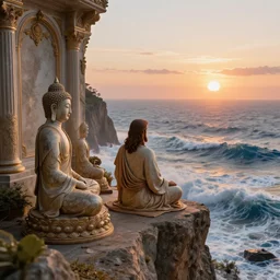 a stunning 3 d render of jesus of nazareth meditating on a cliff with buddah and fredrick nietzsche, facing away from the camera watching the sunrise over the ocean, turbulent ocean in the background, sunrise, intricate, elegant, highly detailed, artstation, ultra sharp focus, octane render, volumetric lighting, in a neoclassical and baroque style