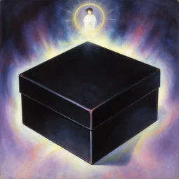 an oil painting of the scarlet box by yoshitaka amano of the black box, film poster from angels egg directed by japanese director mamoru oshii, vintage 8 0 s anime, ethereal, holy, omnious, grainy, astounding, highly detailed, high quality, delicate, soft, very detailed, well defined, color corrected, iridescent light, neon gradient,