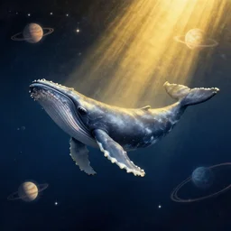 a humpback whale floating through space with stars and planets, diffused light, golden ratio, 8 k in style of anna ancher