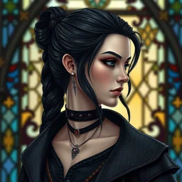 detailed side - view portrait of yennefer from the witcher 3, black choker necklace, black and grey coat, 1 3 th century stained glass window, very masterful