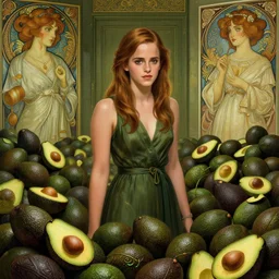 emma watson in a room filled with avocados, fibonacci, intricate, highly detailed, digital painting, artstation, concept art, smooth, sharp focus, illustration, unreal engine 5, 8 k, art by artgerm and greg rutkowski and alphonse mucha