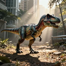 a velociraptor walking through kowloon, hong kong. sunbeams, cinematic shot