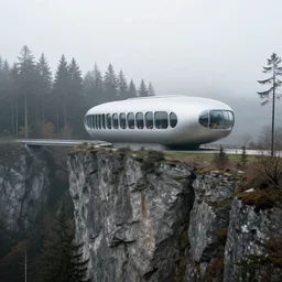 A beautiful matte drawing of a ellipse-shaped building with rounded windows, standing on a large cliff near a coniferous forest. A thin stone bridge goes over the cliff. View from afar, fog, 8k, 16k, architectue, Alvaro Siza, herzog de meuron, architecture photo, high details, futuristic