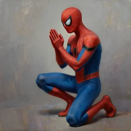 spiderman kneels, praying to spider god, oil painting