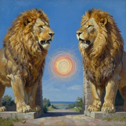 An oil on canvas painting of the Lion's gate, energy vortex, by Dan Mumford and Umberto Boccioni,, 3d, realistic shading, complimentary colors, aesthetically pleasing composition, masterpiece, 4k, 8k, ultra realistic, super realistic
