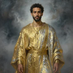 portrait of rami malek in gold - silver robes, runes, jewelry, mystical, ethereal, magical storm fog, painting by greg rutkowski and alphonse mucha