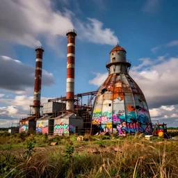 long exposure photograph of dilapidated carbon capture facility, Rural Canada, detailed textures, hyper realistic, vibrant colors, cinematic lighting, graffiti art style, climate change, digital art painting by greg rutkowski and RIdley Scott, cinematic, concept art, 35mm grain filter, artstation