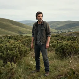 a photorealistic portrait, the last of us landscape, professionally retouched, soft lighting, hyper realistic, hills, bushes, detailed, wide angle, sharp focus, 8 k high definition, 6 4 megapixels, insanely detailed, breathtakingly beautiful