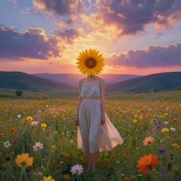 girl with a flower head, surreal photography, dream, standing in flower field, magical, in a valley, sunrise dramatic light, impressionist painting, colorful clouds, artstation, simon stalenhag, flower face
