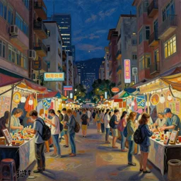 dream festival, revelers playing games and shopping at a night market, low angle view from a city street lined with shops and apartments, glowing street signs, city like hong kong, tokyo, barcelona, oil painting by edvard munch, beksinski, alphonse mucha, trending on artstation