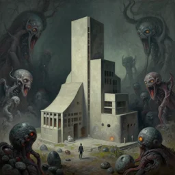 a pebble surrounded by lovecraftian horrors trending on artstation building by frank lloyd wright painting by james gurney by trending on artstation matte painting