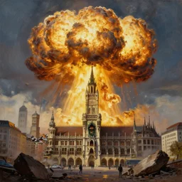 , city of munich!!!, nuclear explosion!!!, shockwave!!, rubble, hyperrealistic, highly detailed, cinematic, single ray of golden sunlight, beautiful, cgssociety, artstation, 8 k, oil painting by greg rutkowski, by artgerm, by wlop
