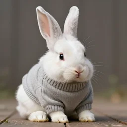 A tired cartoon albino rabbit in a sweater.