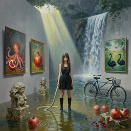 painting of a flooded art gallery with paintings on the wall, emo girl holding a fire hose, pomegranates, octopus, long black boots, flooded, stone sculptures, tropical fish, zen, shaft on sunlight, rain, waterfall, black swans, tandem bicycle, berries, surrealist, by magritte and monet