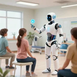 a robot doctor demonstrating physical exercises to patients, ultra HD realistic wide focus 8k ultra soft light RTX on VFX octane render pixiv pinterest colorful more reflection OLED