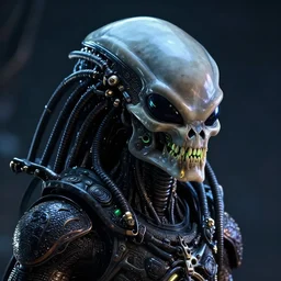 alien portrait, halloween, hyper realistic shiny textures 8 k, alien vs predator skull, cyberpunk, elongated head, intricate details, fluorescent glow, science fiction space horror, unreal engine, dark, heavy shading, depth of field