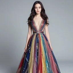 a photo of a beautiful woman wearing a majestical colorful dress