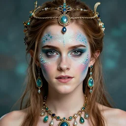 portrait of fairy, symmetric, facepaint facepaint facepaint, intricate jewelry, trending on artstation 4 k, high quality, in the style of karol bak and tom bagshaw, bust with face of emma watson