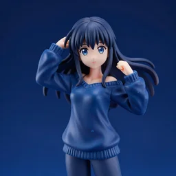 still figurine of anime girl in elegant sweater, eyes by makoto shinkai, eyes by akihiko yoshida, personification, dynamic pose, detailed product photo, featured on amiami, deep blues, tone mapped, beautiful composition, 8 5 mm, f. 1 4