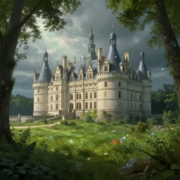 beautiful illustration of chateau in a serene landscape, by albert bierstadt, green grass, highly detailed, crystal lighting, mystical, forest, hyperrealistic, 4 k, unreal engine, dramatic lighting, magical, beautiful