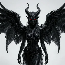 pure black entity with wings, horns, and a singular red eye, 4 k realistic photo, horror