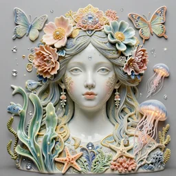 hyperrealistic detailed portrait of young girl made of ceramic, with flowers, butterflies, corals, sea kelp, sea plants, fish, starfish, jellyfish, diamonds, filaments, golden filigree, neon lights, art by ernst haeckel, john william godward, hammershøi, alphons mucha, ornamental, decorative, lights by hopper, pastel soft colours